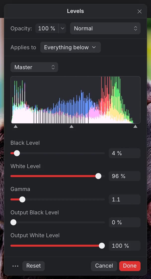 The Levels window: a histogram with three markers and sliders for Black Level 4 %, White Level 96 %, Gamma 1.1, Output Black Level and Output White Level