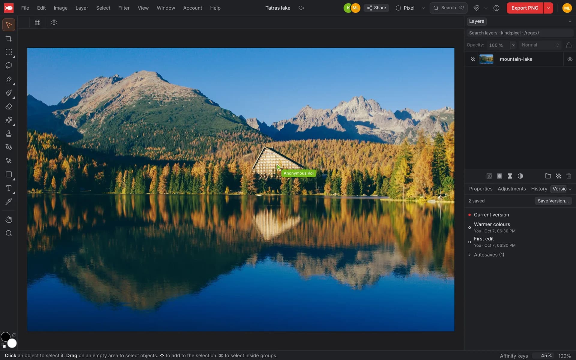 A photo of a mountain lake open in koi.photo with two avatars in the top bar, another person's cursor labelled Anonymous Lynx on the canvas, and the Versions panel on the right