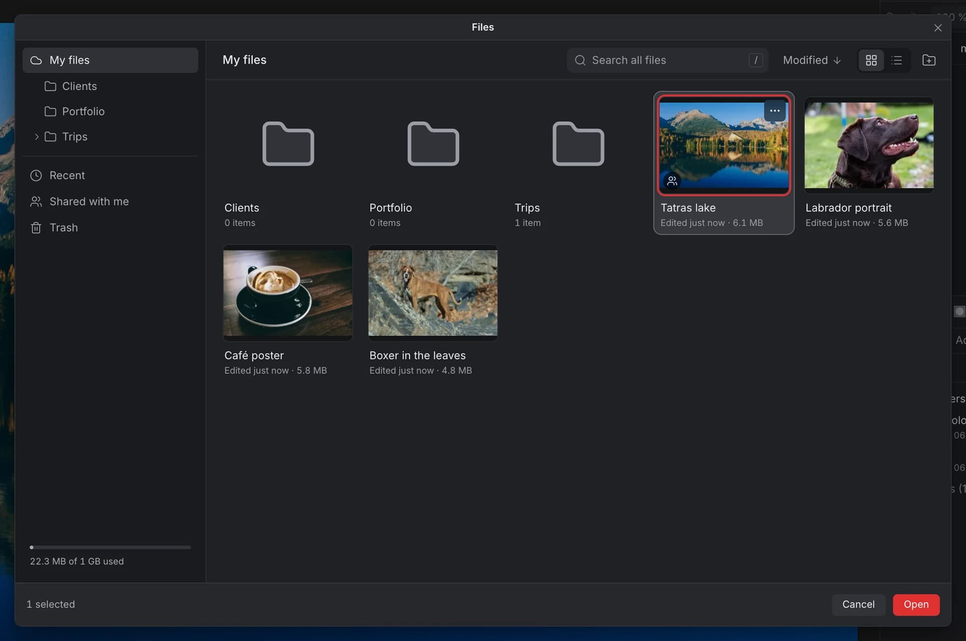 The Files dialog: My files with the folders Clients, Portfolio and Trips and four photo documents with thumbnails, a sidebar with Recent, Shared with me and Trash, and a storage meter reading 22.3 MB of 1 GB used