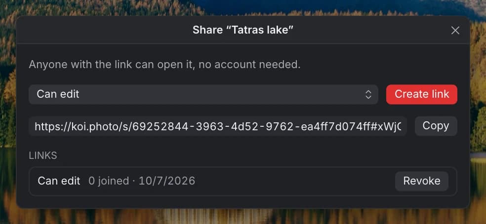 The Share dialog for Tatras lake: Anyone with the link can open it, no account needed. A Can edit role, a Create link button, the link with a Copy button, and the link listed under Links with a Revoke button