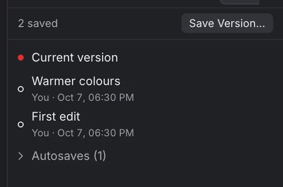 The Versions panel: 2 saved, Current version, the named versions Warmer colours and First edit with author and time, and a collapsed Autosaves section
