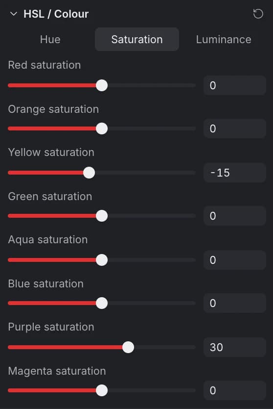 The HSL / Colour section of the Develop panel with the Saturation tab open: purple raised to 30, yellow lowered to -15