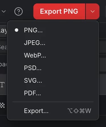 The top-bar Export PNG button with its menu open: PNG, JPEG, WebP, PSD, SVG, PDF and Export…