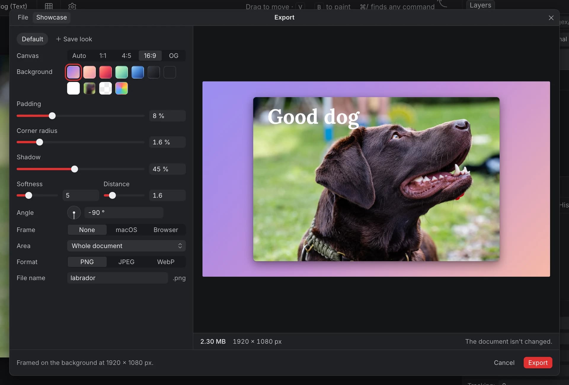 The Export dialog on the Showcase tab: canvas 16:9, a lilac-to-peach gradient background, padding 8 %, corner radius, shadow, frame None, format PNG, next to a preview of the photo framed on the gradient at 1920 × 1080 px