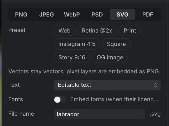 The Export dialog with SVG selected: Text set to Editable text and an Embed fonts switch