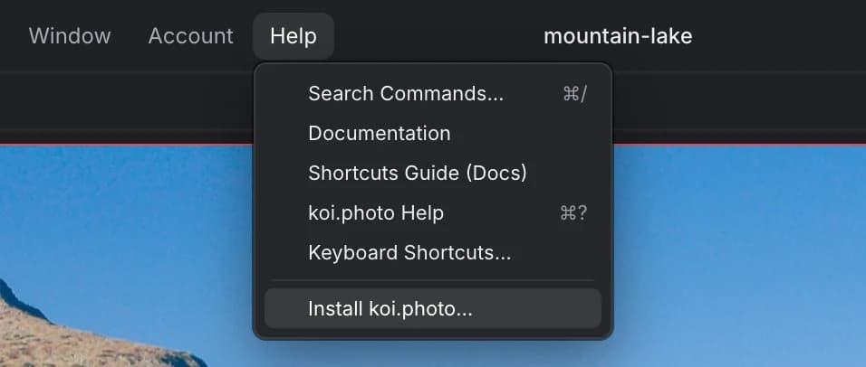 The koi.photo Help menu with Search Commands, Documentation, Shortcuts Guide, koi.photo Help, Keyboard Shortcuts and, at the bottom, Install koi.photo…