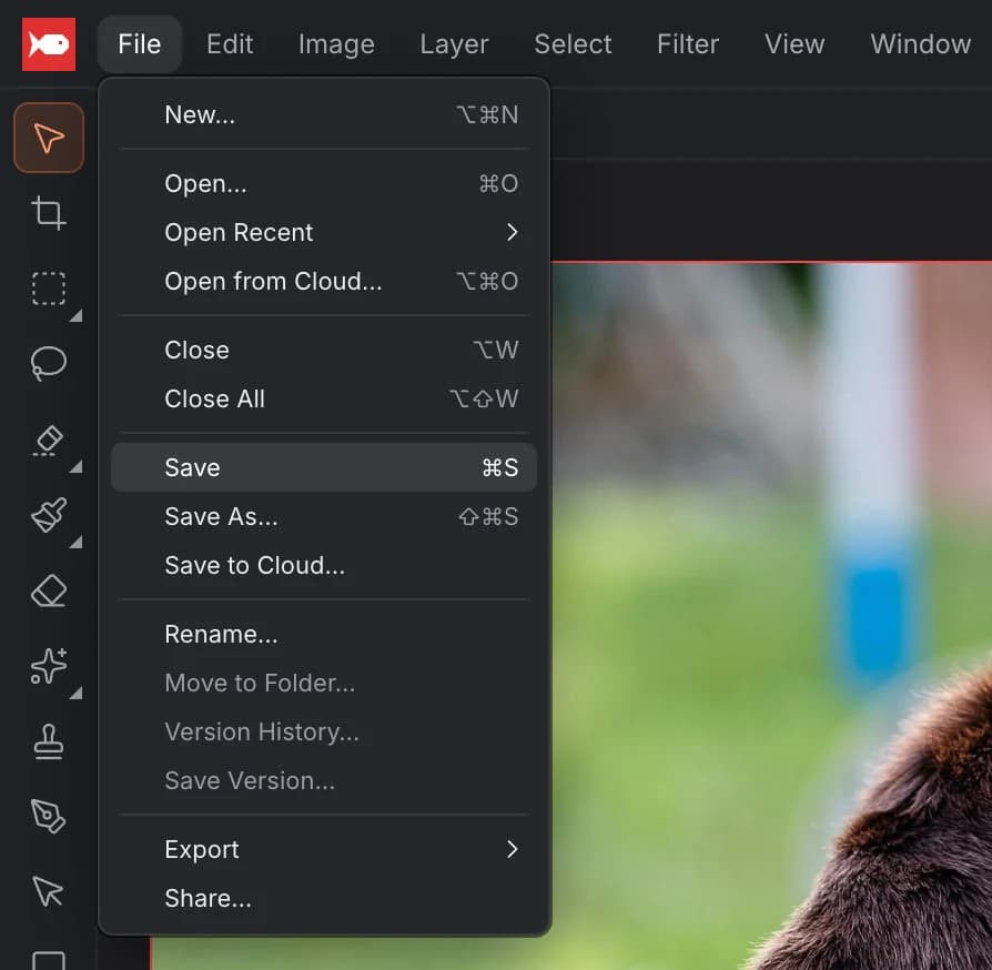 The File menu in koi.photo with Save ⌘S highlighted, and Save As… ⇧⌘S and Save to Cloud… below it