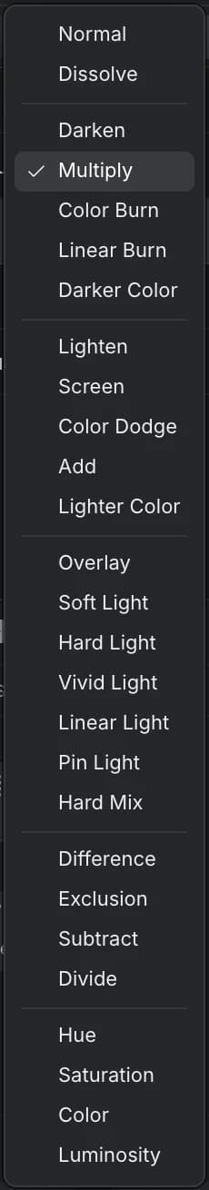 The blend mode list open, grouped into Normal and Dissolve; darken modes; lighten modes; contrast modes; difference modes; and Hue, Saturation, Color and Luminosity