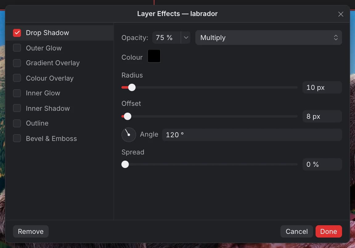 The Layer Effects window for the labrador layer: Drop Shadow ticked with Opacity 75 %, Multiply, black colour, Radius 10 px, Offset 8 px, Angle 120° and Spread 0 %