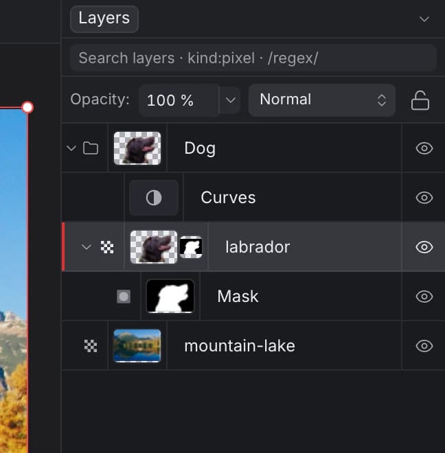 The Layers panel: a Dog group containing a Curves adjustment and the labrador layer with a Mask, above the mountain-lake photo