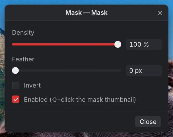 The Mask window with Density 100 %, Feather 0 px, an Invert checkbox and an Enabled checkbox