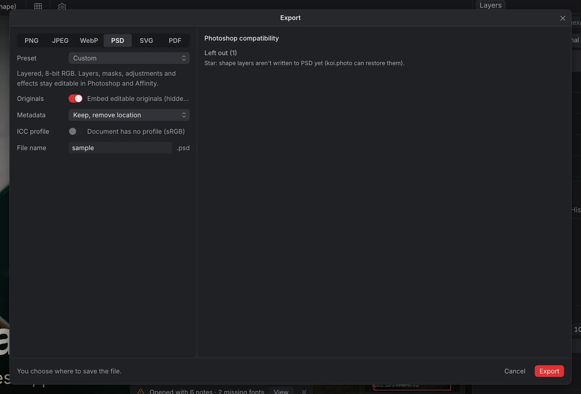The Export dialog with PSD selected: Originals switched on, Metadata and File name, and a Photoshop compatibility report listing that a shape layer isn't written to PSD yet