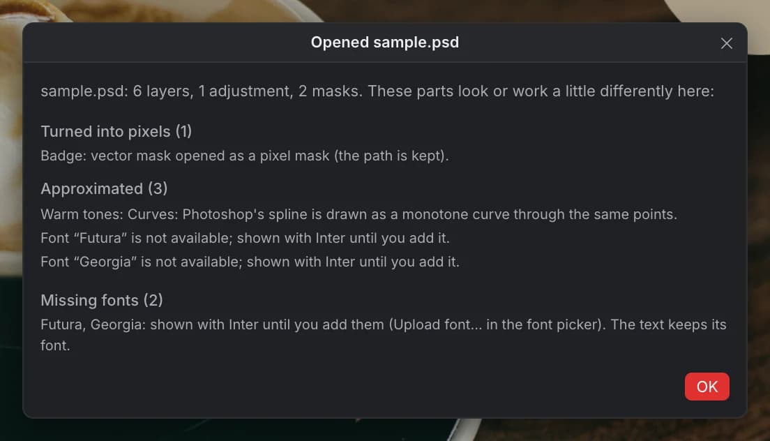 The import report for sample.psd: Turned into pixels (a vector mask opened as a pixel mask), Approximated (a Curves spline and two missing fonts), and Missing fonts: Futura and Georgia shown with Inter