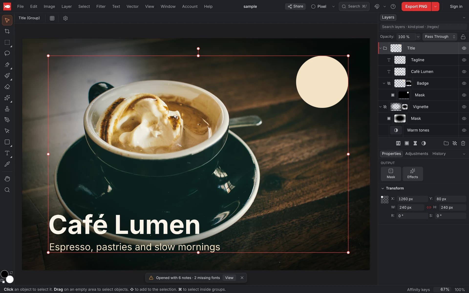 A layered PSD of a café poster open in koi.photo, with the Layers panel showing a group with two text layers and a masked badge, a vignette with a mask, a Curves adjustment and the photo, and a banner reading Opened with 6 notes, 2 missing fonts