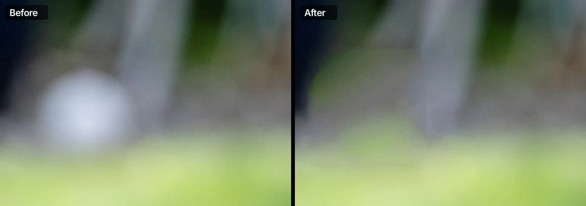 Before and after: a blurred white ball in the background is replaced by grass and the grey background around it