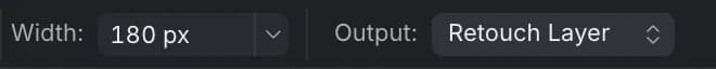 The Remove tool's context toolbar: Width 180 px and Output: Retouch Layer