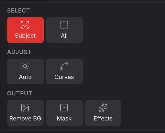 The Quick actions in the Properties panel: Subject, All, Auto, Curves, Remove BG, Mask and Effects