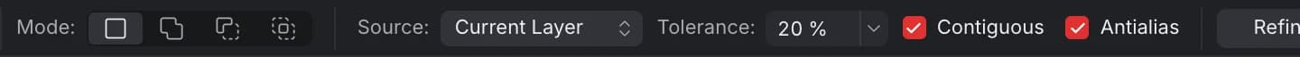 The Flood Select toolbar: Mode buttons, Source: Current Layer, Tolerance 20 %, Contiguous and Antialias checked, and Refine…