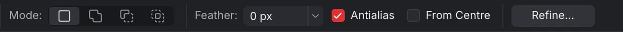 The marquee toolbar: Mode buttons New, Add, Subtract and Intersect, Feather 0 px, Antialias checked, From Centre and Refine…