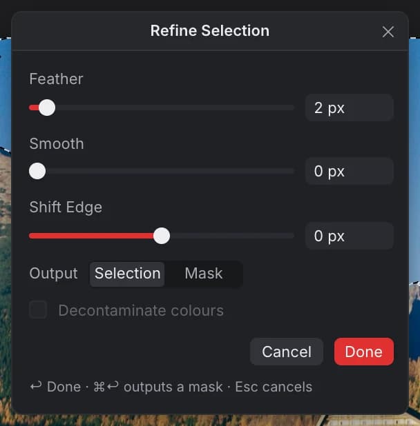 The Refine Selection window: Feather 2 px, Smooth 0 px, Shift Edge 0 px, Output Selection or Mask, Decontaminate colours, Cancel and Done