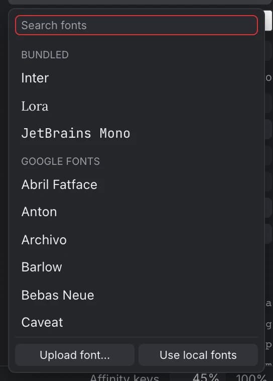 The font picker with a search field, the Bundled fonts Inter, Lora and JetBrains Mono, the start of the Google Fonts list, and Upload font and Use local fonts buttons