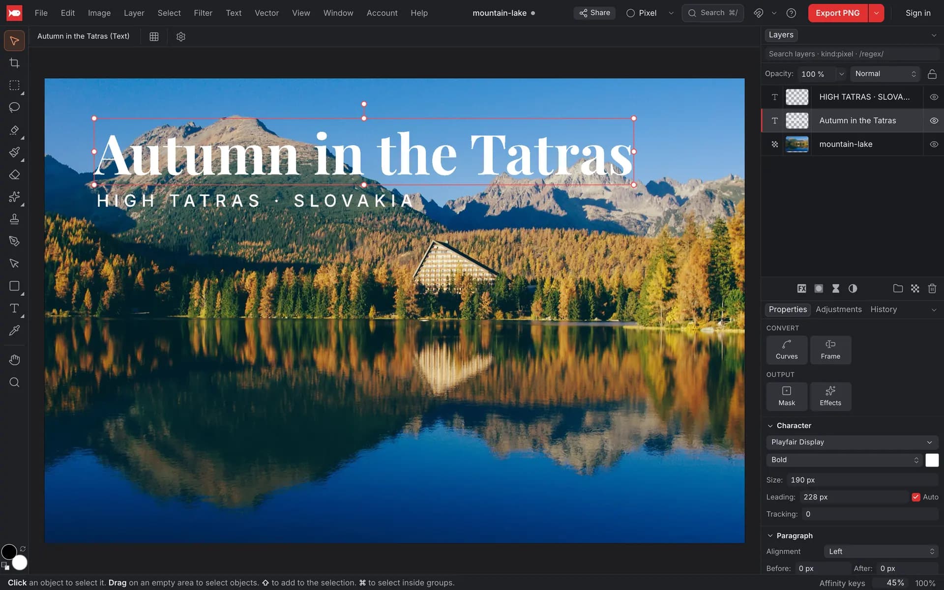 A photo of a mountain lake with the title Autumn in the Tatras in Playfair Display Bold and a spaced-out subtitle, with the Character settings in the Properties panel