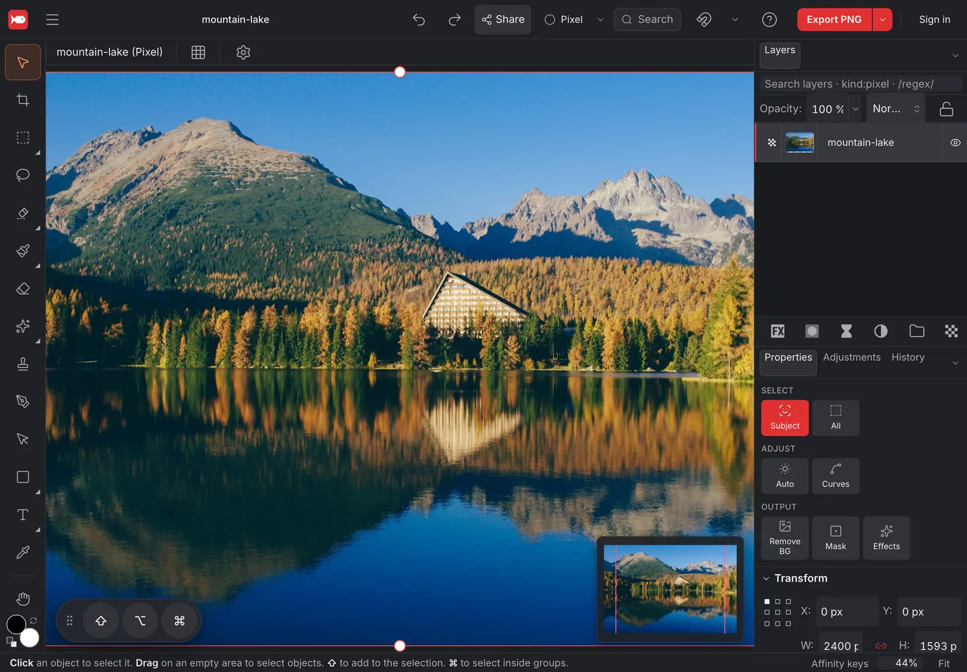 koi.photo on an iPad in landscape: a lake photo on the canvas, a wider tools column on the left, undo and redo buttons in the top bar, the Layers and Properties panels on the right and the round modifier keys bottom-left