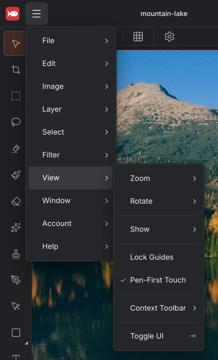 The ☰ menu open with View expanded: Zoom, Rotate, Show, Lock Guides, Pen-First Touch (checked), Context Toolbar and Toggle UI