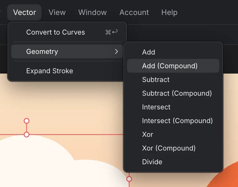 The Vector menu open with Convert to Curves, Geometry and Expand Stroke, and the Geometry submenu listing Add, Add (Compound), Subtract, Subtract (Compound), Intersect, Intersect (Compound), Xor, Xor (Compound) and Divide