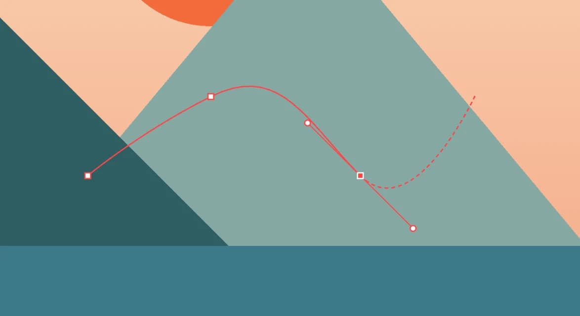 A curve being drawn with the Pen tool: three nodes, a pair of handles on the last node and a dashed preview of the next segment