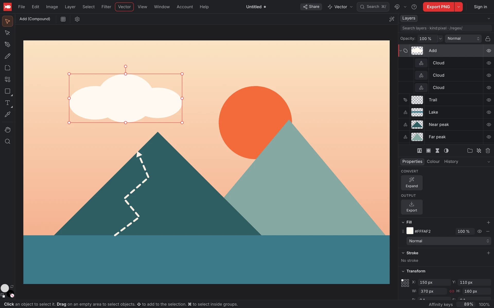 A flat illustration of mountains, a sun, a lake and a cloud in the koi.photo Vector studio, with the cloud selected as an Add compound in the Layers panel