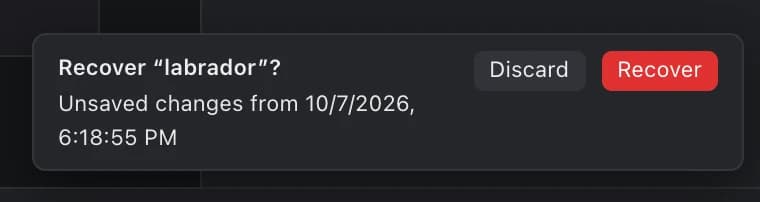 A notification in koi.photo: Recover “labrador”? Unsaved changes from 10/7/2026, with Discard and Recover buttons