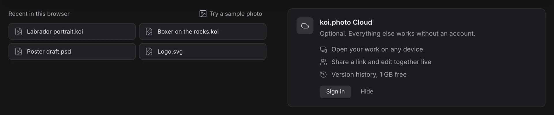 The koi.photo start screen: Recent in this browser lists four files, and beside it the koi.photo Cloud card says Optional. Everything else works without an account.