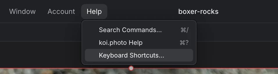 The Help menu open in koi.photo with Search Commands… ⌘/, koi.photo Help ⌘? and Keyboard Shortcuts…