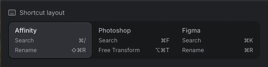 The Shortcut layout picker with three options: Affinity (Search ⌘/, Rename ⇧⌘R), Photoshop (Search ⌘F, Free Transform ⌥⌘T) and Figma (Search ⌘K, Rename ⌘R)