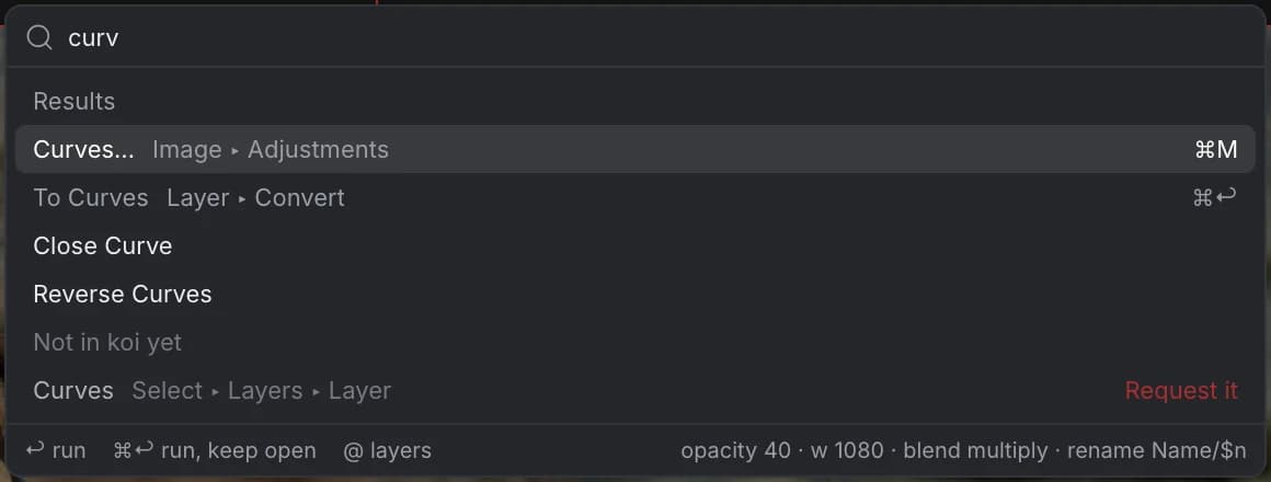 Search Commands with “curv” typed: Curves… in Image ▸ Adjustments with ⌘M, To Curves in Layer ▸ Convert with ⌘↩, and more